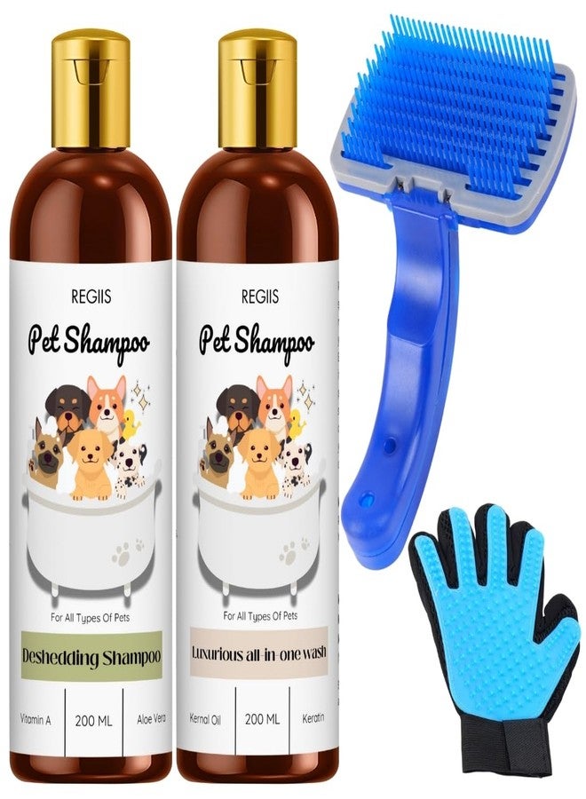 مجموعة شامبو الحيوانات الأليفة من ريجيس مع فرشاة تنظيف، وشامبو لإزالة الشعر الزائد، وغسول شامل، زجاجات سعة 200 مل، وقفاز تنظيف أزرق، للكلاب (عبوة من 4 قطع) - Image 1